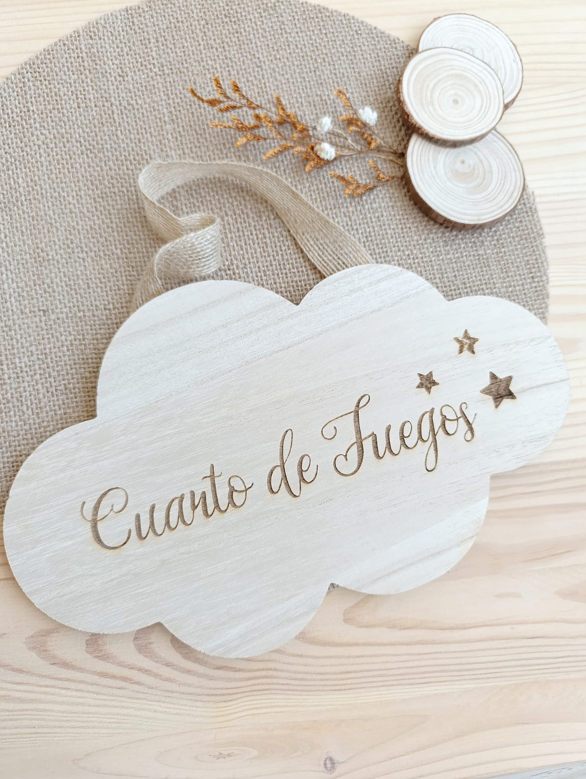 • Cartel Nube con Frase en Madera Natural •